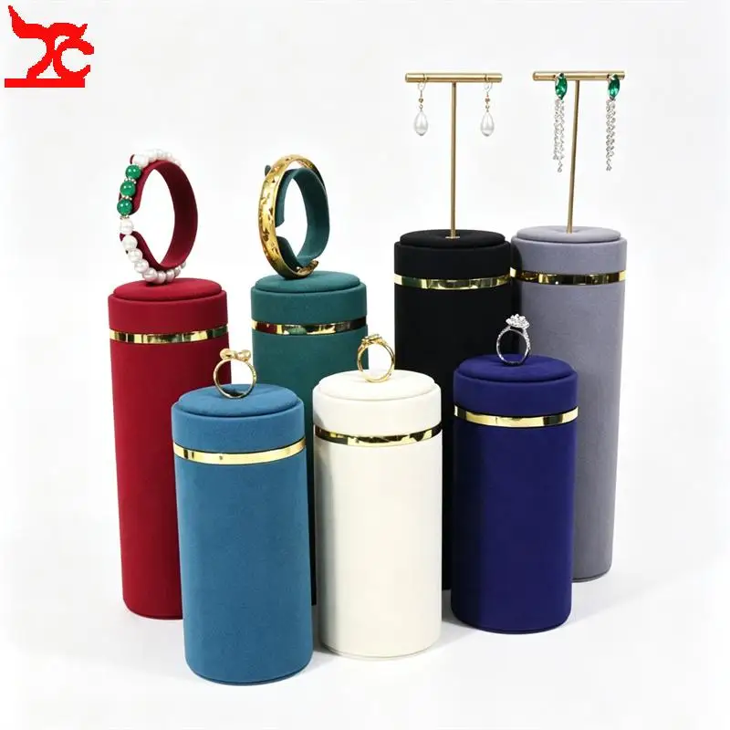 Microfiber Cylinder Jewelry Display Stand Earring Bracelet Ring Holder T-Bar Metal Rod Jewelry Shop Counter Showcase Props