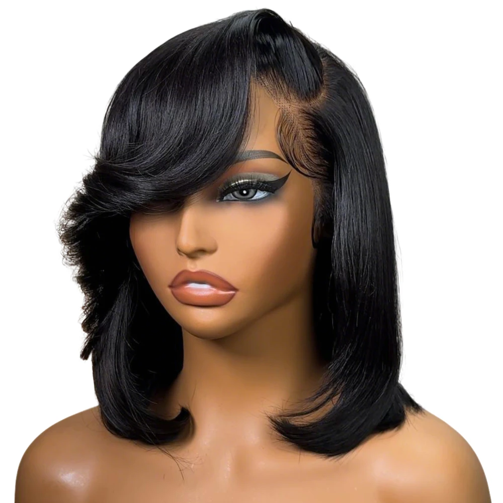 

UNICE Hair Pre Layered Human Hair Bob With Side Swept Bangs 4x4 Lace Pre Cut Pre Bleached Glueless Wig 150% Density