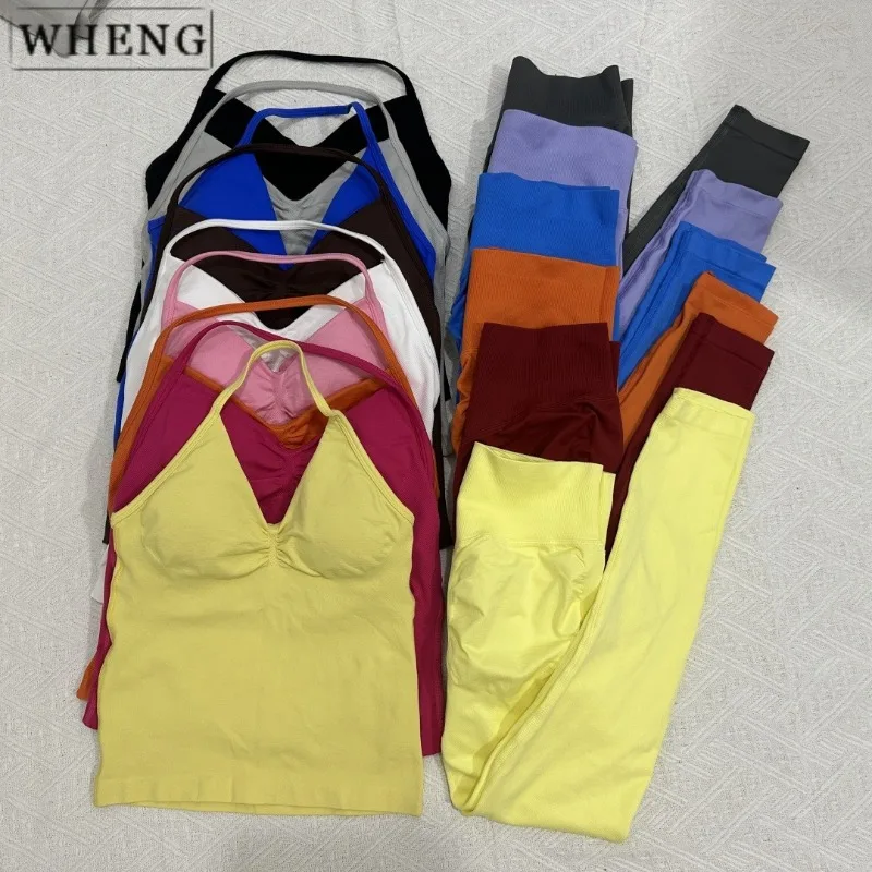 

WHENG 2 Piece Yoga Equipment Ladies Gym Training Leggings and Tank Yoga Fitness Seamless Set Pilates Clothes Sportswear
