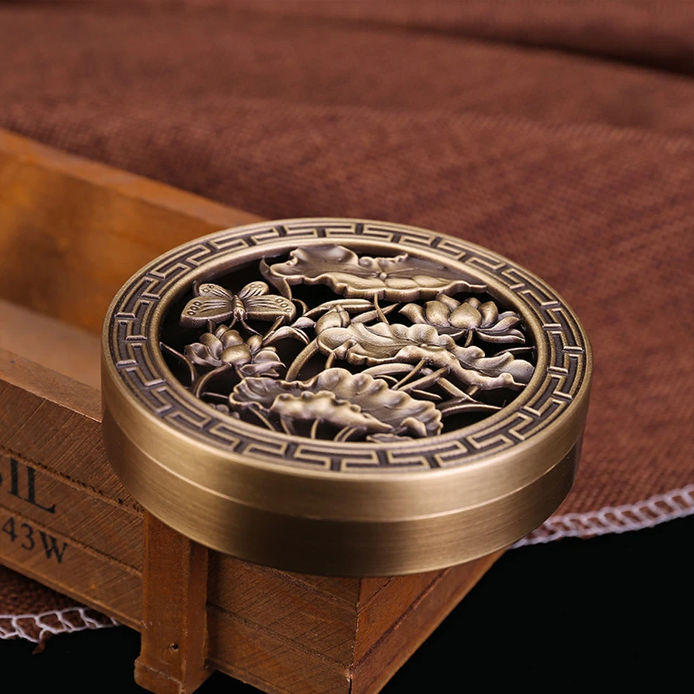 Hollow carved copper incense burner, Household indoor sandalwood censer for coil incense, Tea ceremony aroma decoration ornament