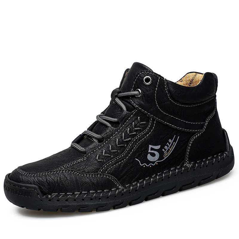 Nowe Jesienno-Zimowe Ręcznie Robione Skórzane Męskie Buty Outdoorowe Designerskie Sneakersy Oddychające Casualowe Skórzane Botki Plus Size Czarne