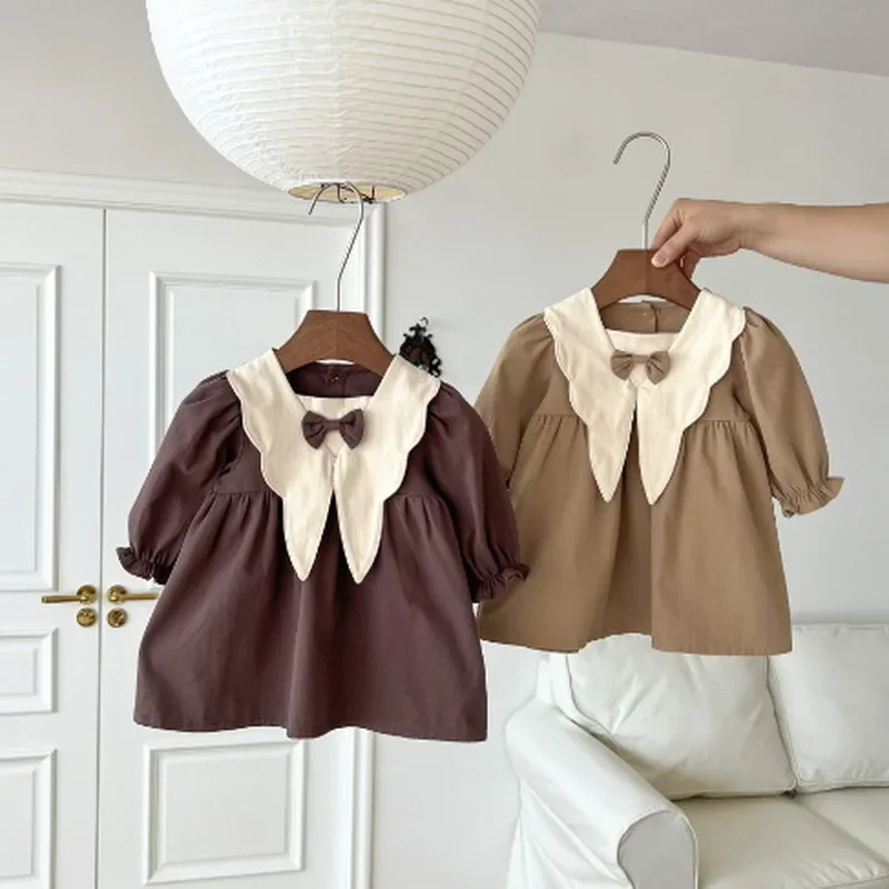Korean Style Spring Autumn Baby Girl Dress Khaki/Coffee Patchwork Turn-down Collar Retro Princess