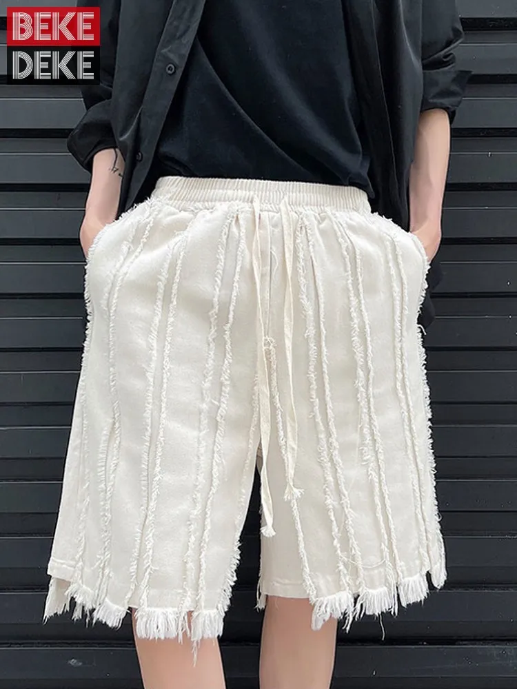 

Summer Men Loose Tassels Harem Pants Elastic Waist Straight Knee Length Short Trousers Casual Streetwear Vintage Beach Shorts