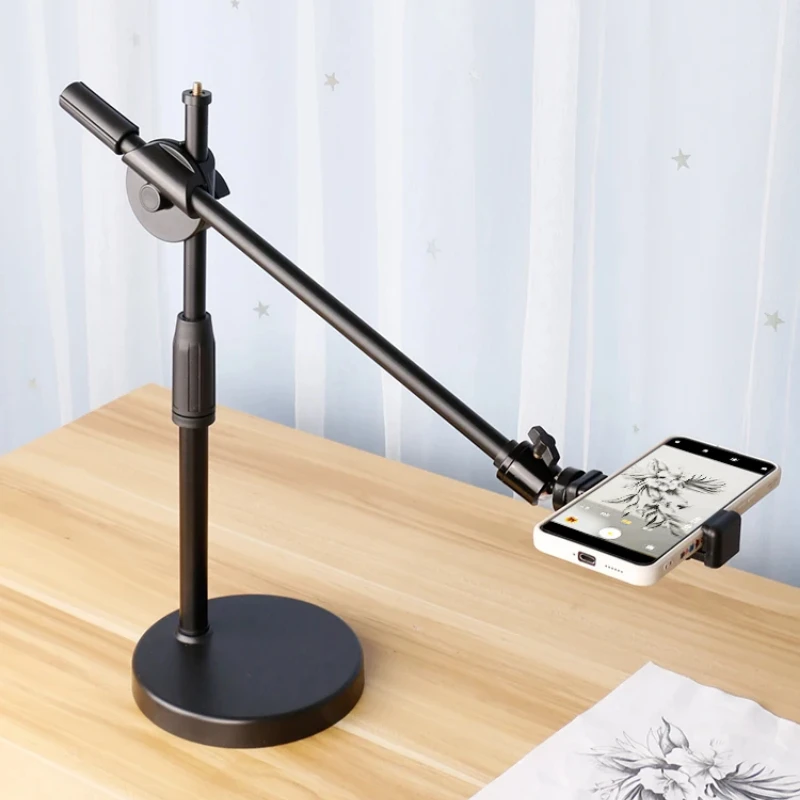 Tabletop Tripod with Ring Light Adjustable Boom Arm & Mobile Phone Holder for Overhead Photography Nail Art & Makeup Video