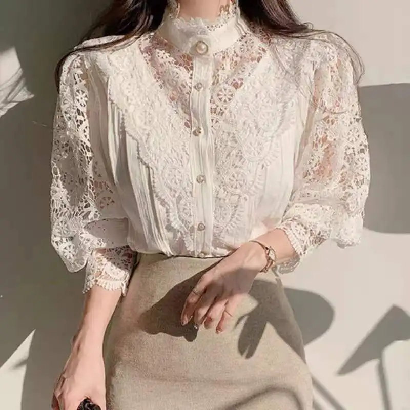 Elegant Petal Sleeve Stand Collar Hollow Out Flower Lace Patchwork Women Shirt Femme Lace Blouse Button Tops 12419