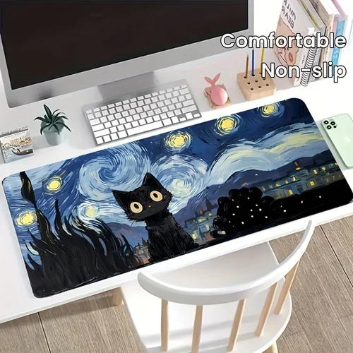 Imagen 1 del producto Alfombrilla de ratón de gato de noche estrellada, alfombrillas grandes para mesa de juegos de oficina y ordenador, alfombrillas de ratón para teclado HD antideslizantes de goma XXL, alfombrilla de escritorio larga