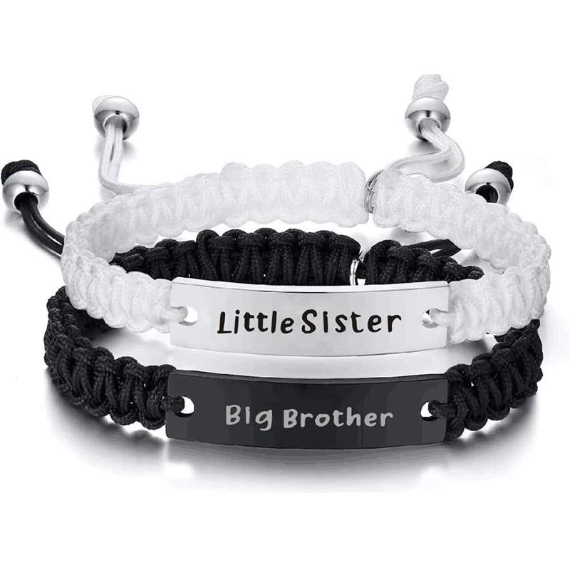 2 Pcs Brother Sister Bracelet Set Handmade Black White Braided Rope Bracelets Family Jewelry Gifts