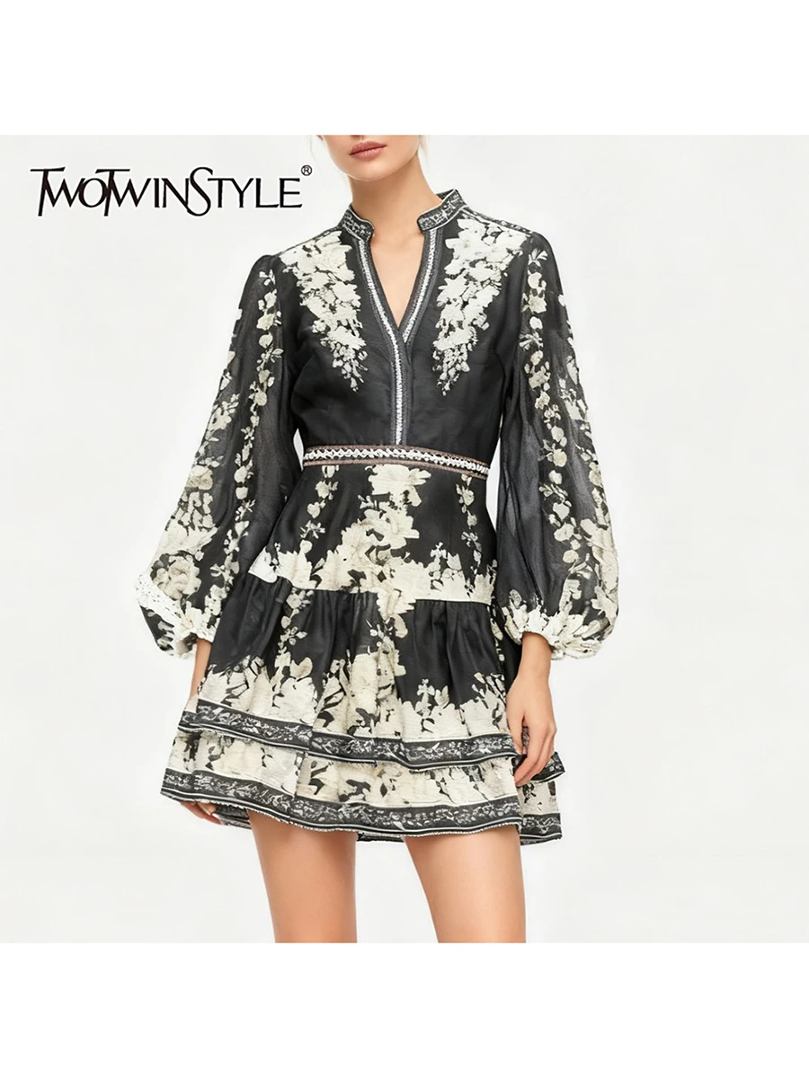 TWOTWINSTYLE, vestidos Vintage con estampado de colores para mujer, cuello en V, manga larga, cintura alta, Patchwork, volantes, pliegues, vestido femenino