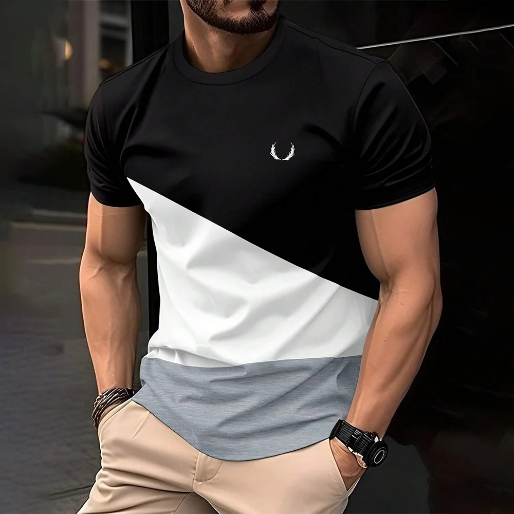 2024 Fashion Men's Color Blocking Printed T-Shirt Casual Street Male Crew Neck Short Sleeve T Shirt Large Size Menswear Clothing