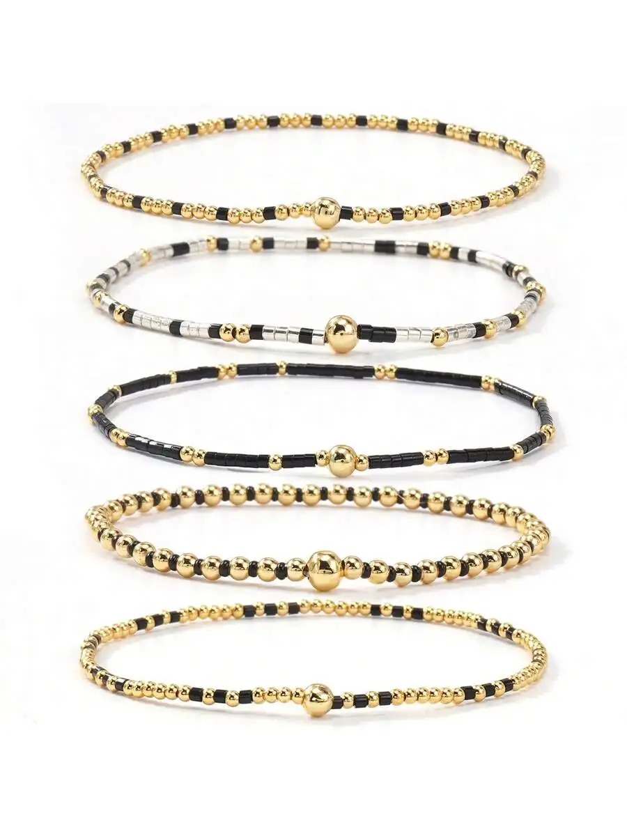 

5pcs Stackable Elastic Beaded Bracelet Set For Women Fashion Accessories