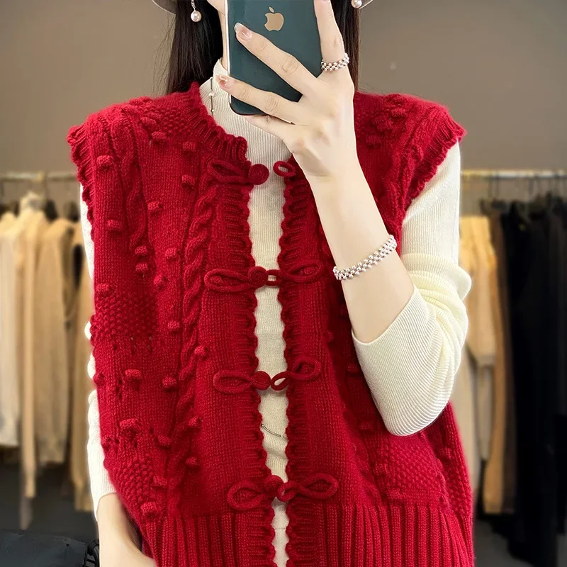 

2025 Spring Autumn Sleeveless Vintage Women Knitted Cardigan Vest Jacket Embroidered Chinese Style Lady Sweater Horse ClipZT173
