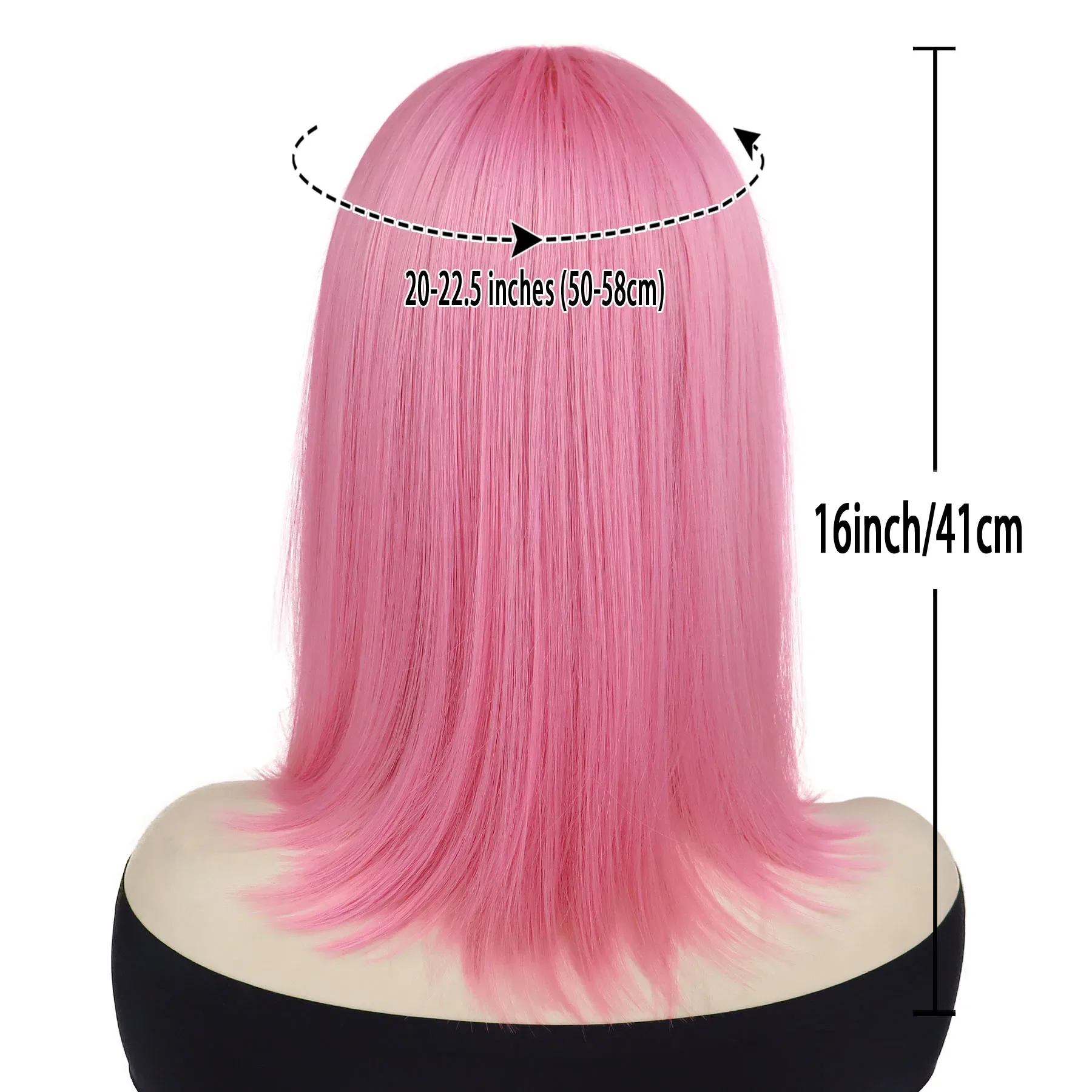 Peruca cosplay sintética de 16 polegadas, peruca curta bob rosa com franja, cabelo liso para mulheres, aparência natural e elegante, adequada para fantasia