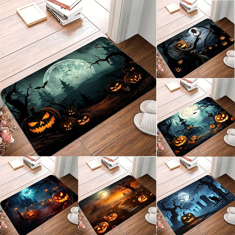 Fußmatte mit Halloween-Muster, lebendige Kürbis-Mondlich-Nacht-Designs mit Fledermäusen und gruseligen Bäumen, rutschfeste Bodenmatte für die Inneneinrichtung