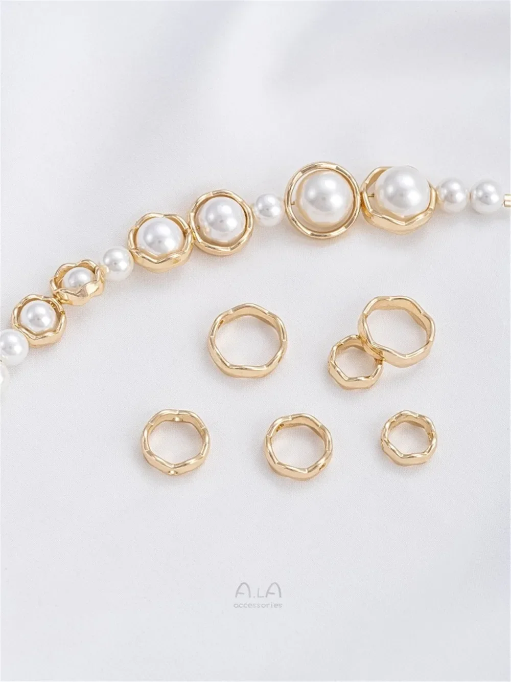 14K Gold Wrapped Wavy Circular Ring Set with Beads Separated By Beads Handcrafted DIY String Pearl Bracelet Necklace Accessories