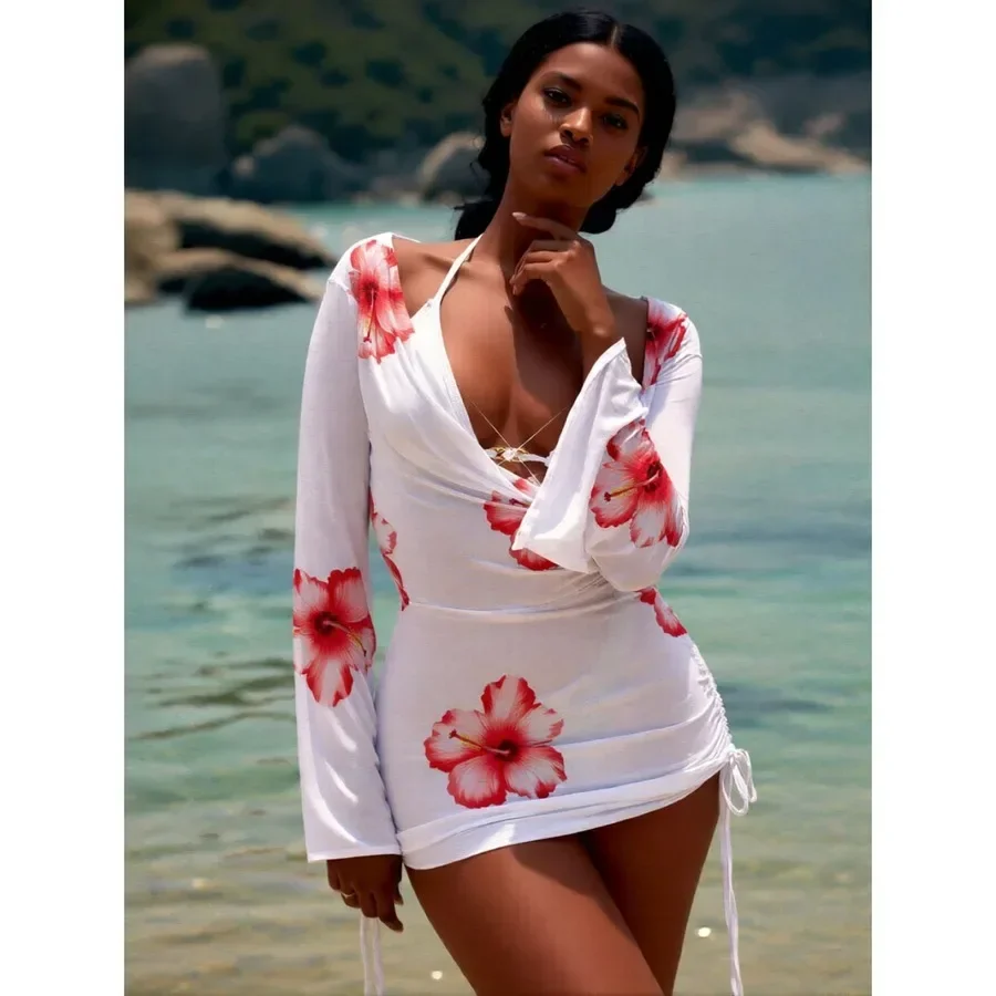 Floral Halter Cover Up Swimsuit Set Women Deep V Beach Outfit Tummy Control Summer Vacation Swimwear