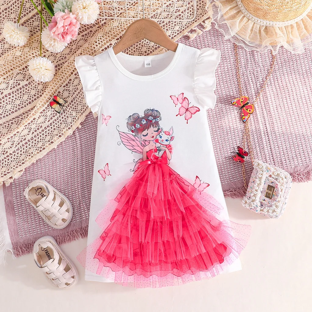 Dress For Kids 2-7 Years old Fashion Summer Cute Elf Ruffled Sleeve Tulle Princess Dresses Ootd For Baby Girl