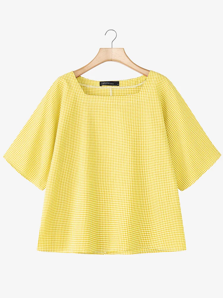 بلوزة صيفية منقوشة من ZANZEA لعام 2025 بلوزات نسائية أنيقة برقبة مربعة وأكمام قصيرة قميص عمل قميص غير رسمي مقاس كبير