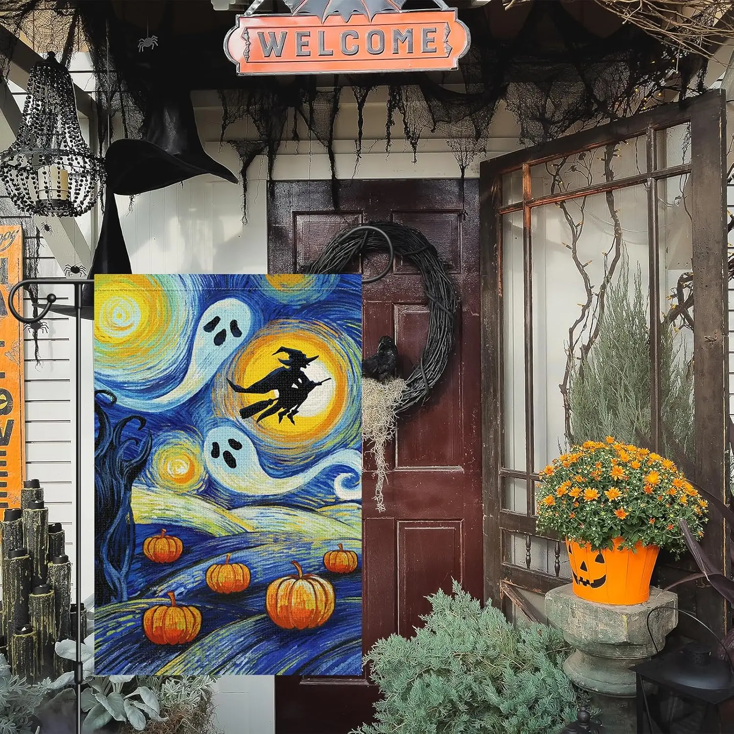 Halloween Pumpkin Garden Flag 12x18 Double Sided, Burlap Small Welcome Starry Night Ghost Witch Garden Yard