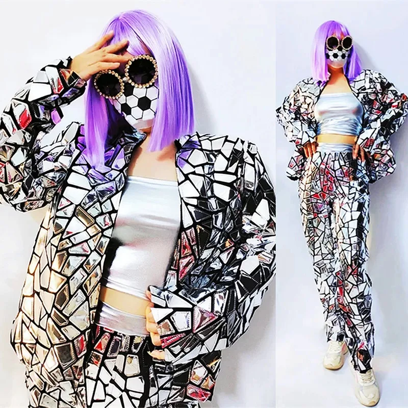 Bar Stage Women Singer Dancer Performance Costume Silver Laser Sequins Jacket Vest Pants 3 Pieces Outfit Birthday Club Party
