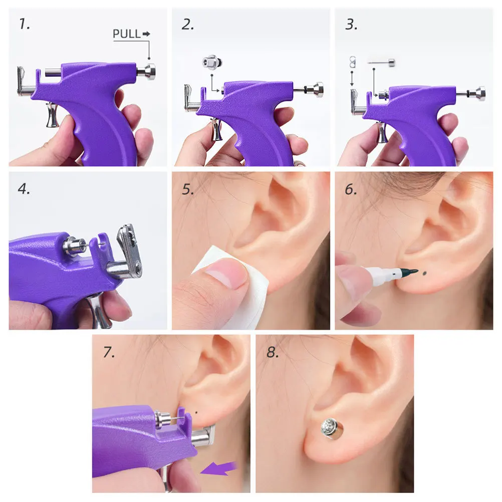 

1 комплект, пирсинг для ушей из нержавеющей стали, безопасный, безболезненный, набор для самостоятельного пирсинга ушей, фиолетовый, простой в использовании, прочный, долговечный инструмент