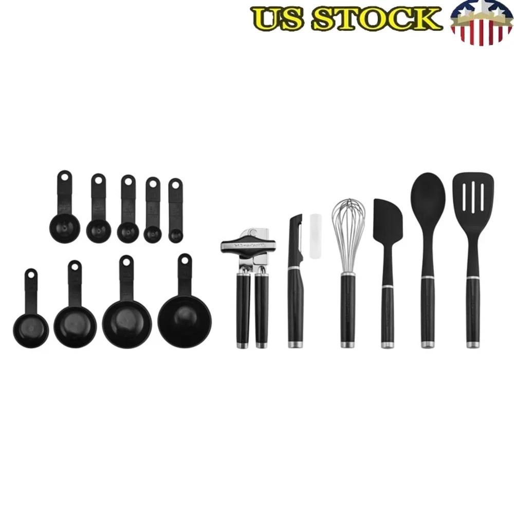 

15 Piece Cooking Utensil Set Durable Nylon Tools Kitchen Gadgets Heat Resistant BPA Free Dishwasher Safe with Measuring Spoons