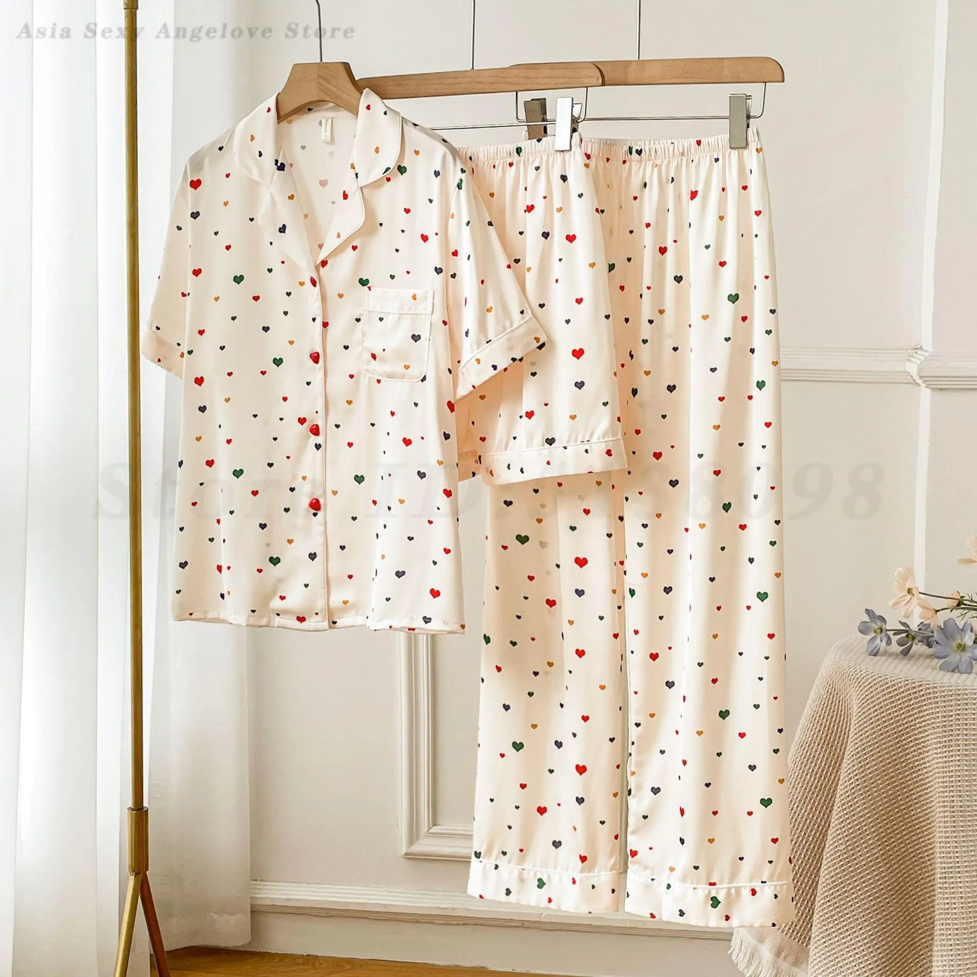

Colorful Love Printed 3Pcs Pajamas Set Ice Silk Pyjamas for Women Summer Thin Home Clothes Girls Sweet Loose Casual Sleepwear