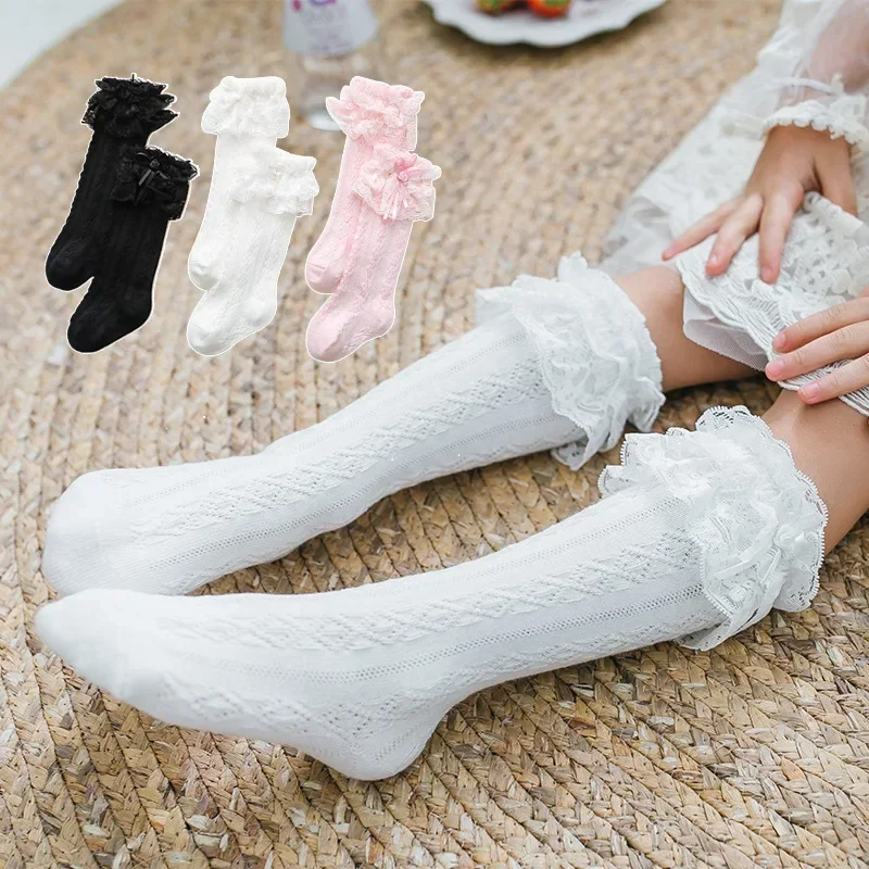 Princess Girls Double Lace Frill Tulle Ruffle Knee-high Socks Cotton Mesh Breathable Patterned White Socks 0-6 Years Children's