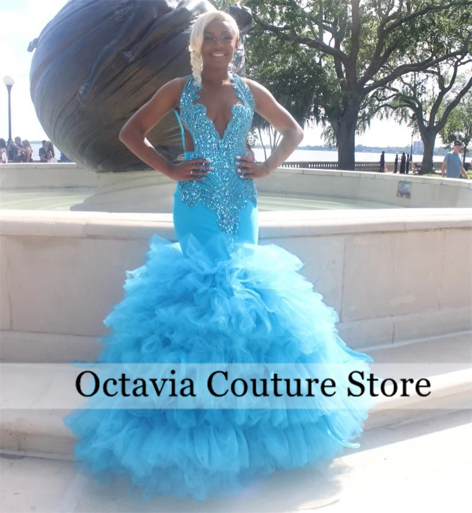 Blue Bead Crystal Long Prom Dresses Black Girls Rhinestone 2025 Birthday Luxury Dress Tiered Ruffles Graduation Gown Customized