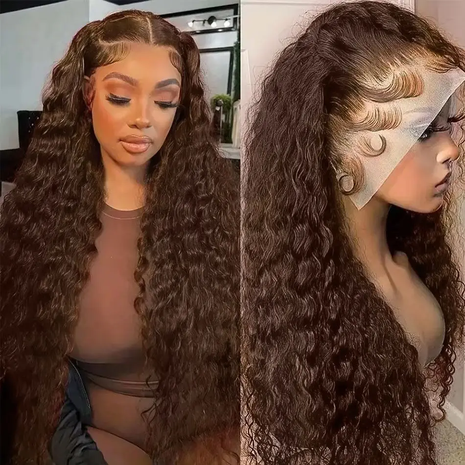

250 Density Chocolate Brown Water Wave 13x6 Lace Front Wigs 13x4 Lace Frontal Human Hair Wigs PrePlucked Curly Colored Wig