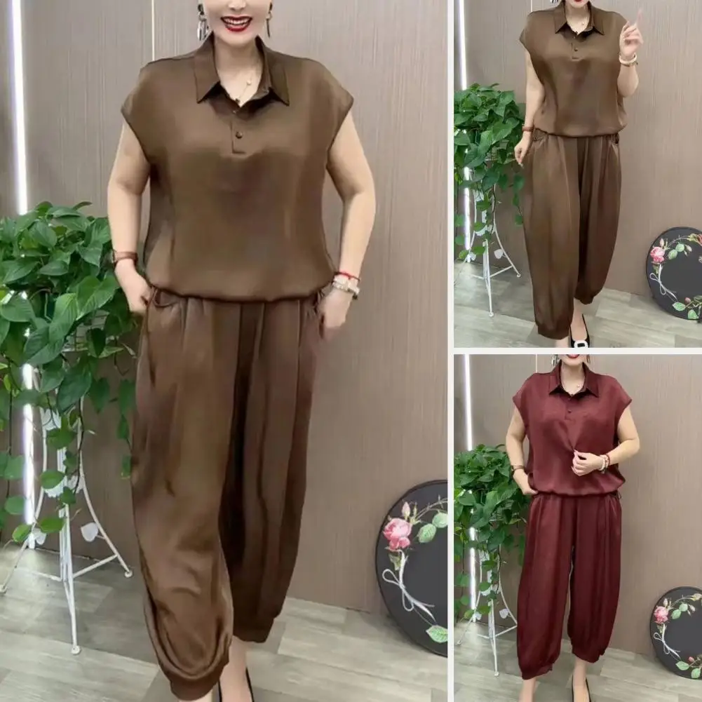 Women Two-piece Set Polyester Stylish Women's Two-piece Outfit Set V Neck Top Long Pants Summer Lounge Suit for Mom Comfortable