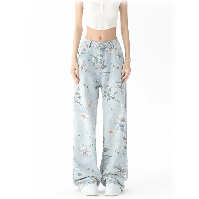 Vintage Floral Print High Waist High Street Blue Straight Jeans Pants Korean Fashion Women\'s Wide Leg Baggy Denim Trouser Y2K