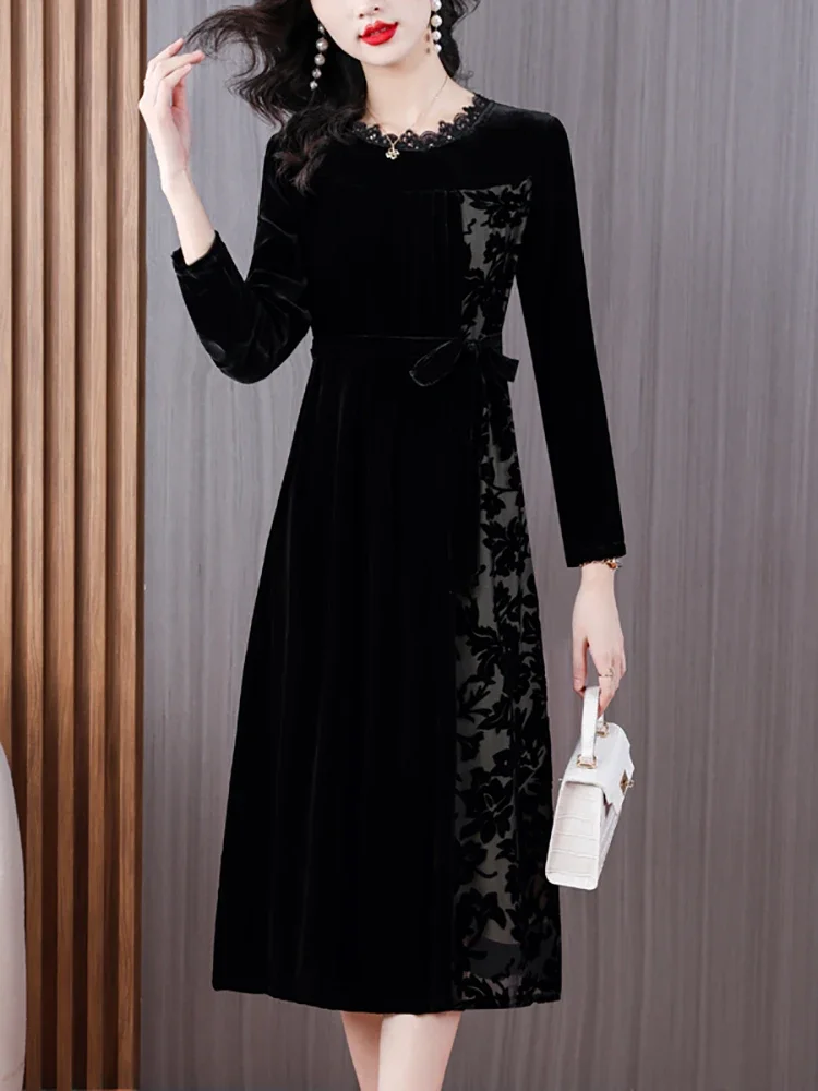 Imagem -02 - Vestido Longo Preto de Veludo Feminino Hepburn Elegante Chique Coreano Vintage Luxo Renda Outono Inverno Moda Hepburn 2024