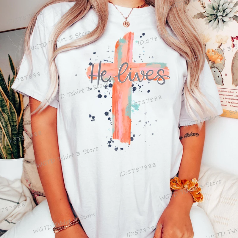 He Lives Graphic T Shirts Women Easter Jesus Cross Vintage T Shirt Easter Day Classic Tops Christian Cute Easter Womens T-shirts