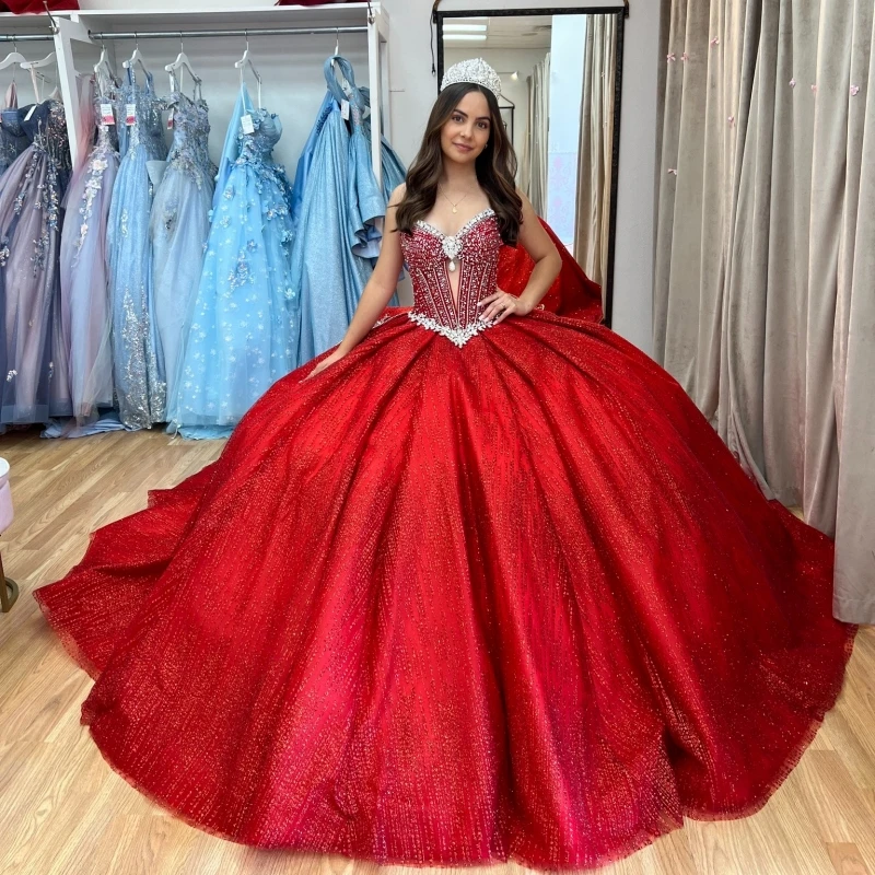 

Red Shiny Quinceanera Dresses Off The Shoulder Sequin Beading Crystal Bow Tull Party Birthday Sweet 16 Dress Vestidos 15 De Anos