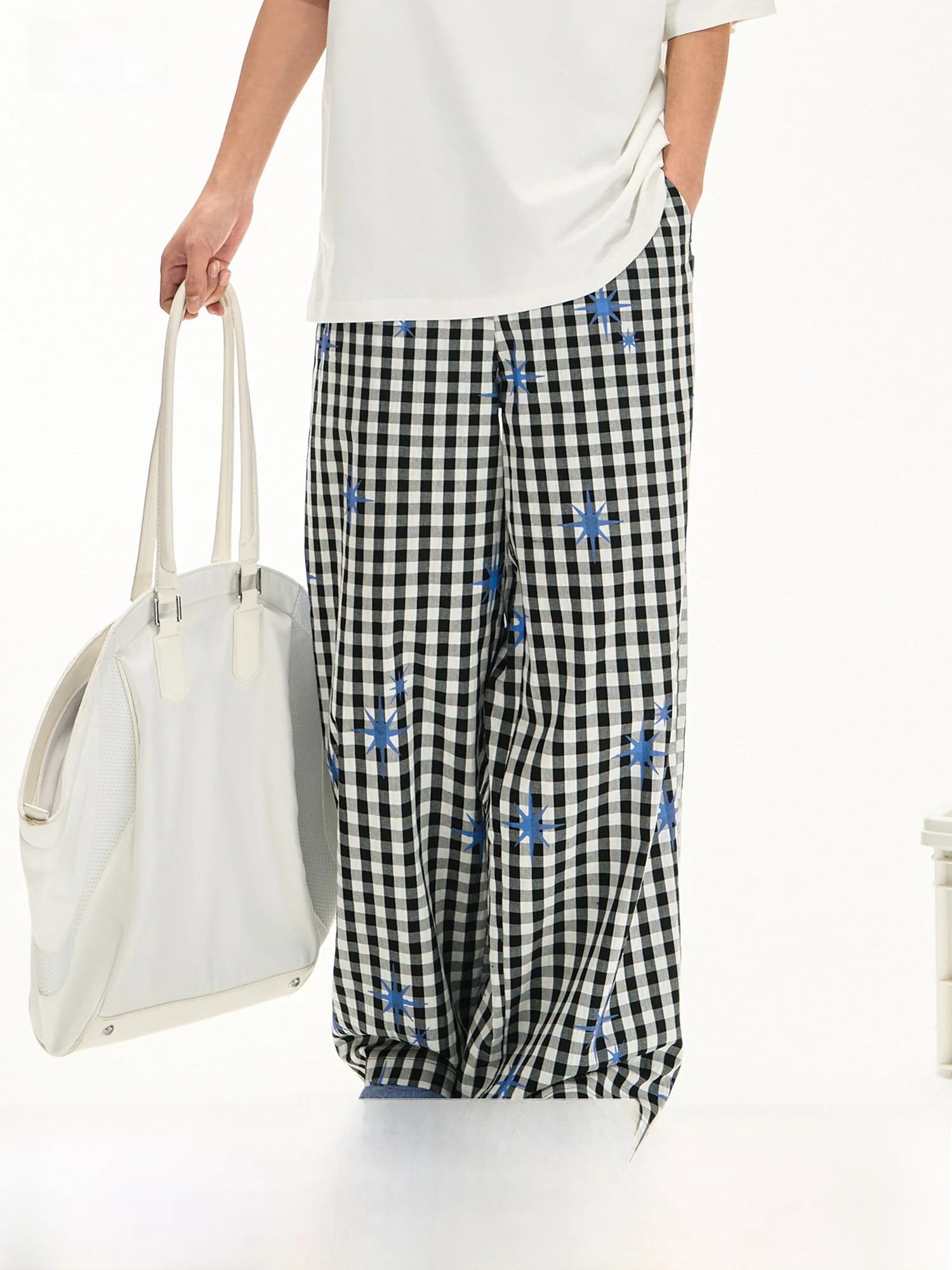 

F426 Store Summer New Loose Casual Star Print Plaid Leisure Pants Straight Leg Elastic Waist mid Waist Long Trousers Youth Fa...