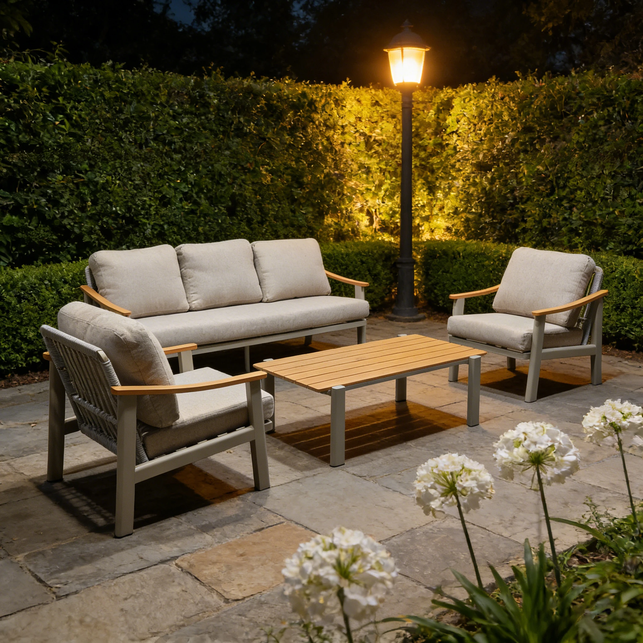 Ergonomic Rope Woven Modern Outdoor Furniture Set Lightweight Aluminum Frame Plastic Wood Armrests All-Weather Living Room Patio