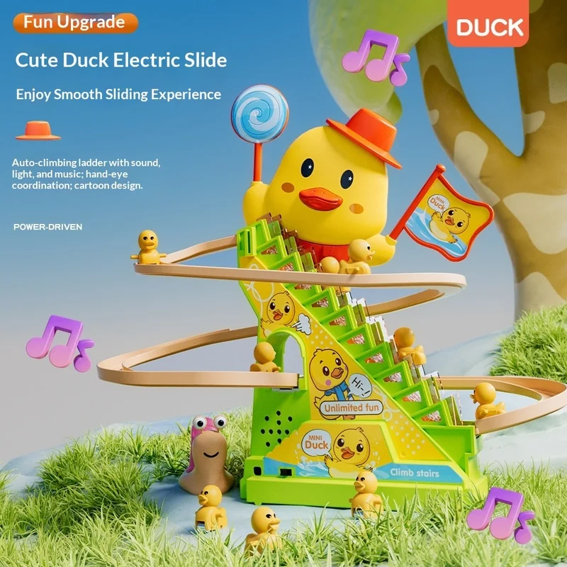 Cute Duck Electric Stair Climbing Slide Track Toy Diy Assemble With 6 Little Ducks Light Music Educational Toy For Toddlers Kids