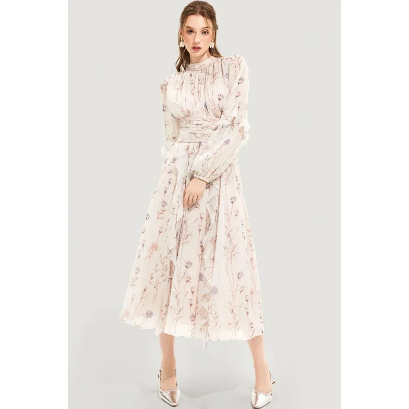 New Autumn Winter Fashion Chiffon Printed Ruffle Elegant Long Sleeve Evening Dress Long Dress