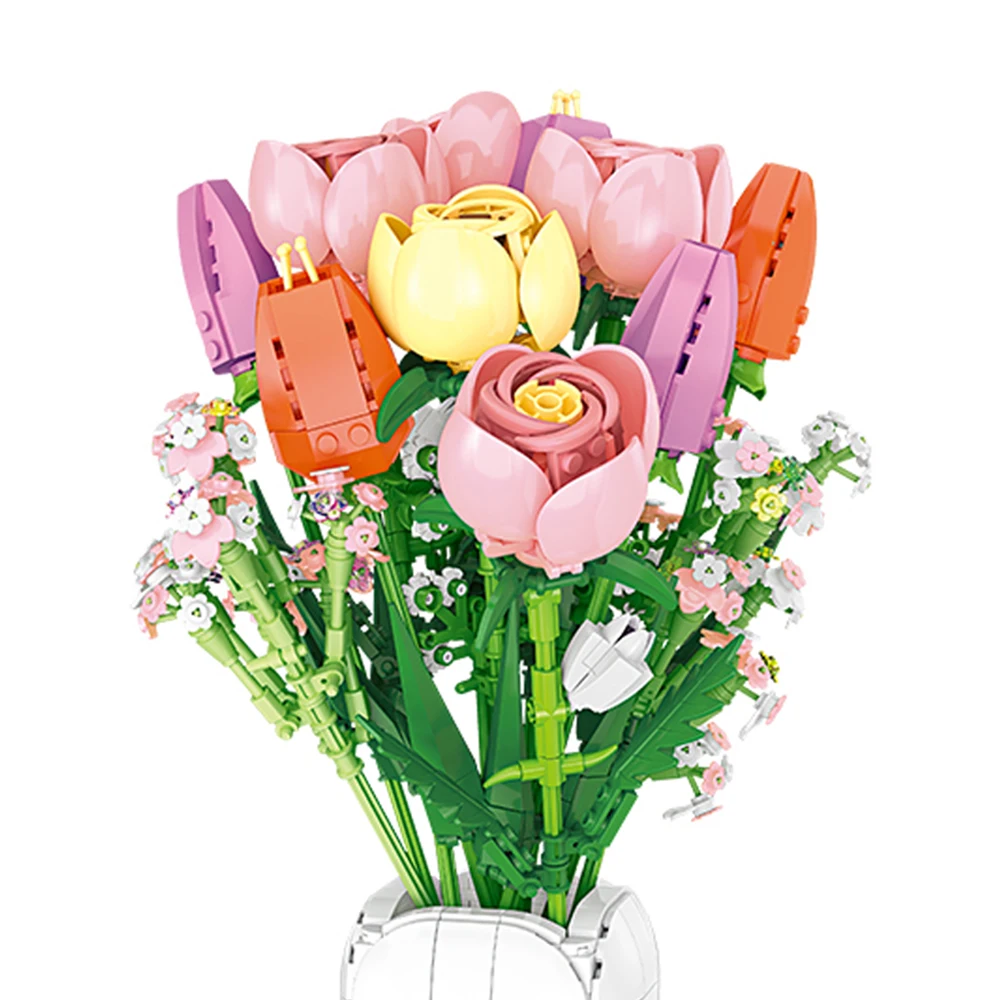 656ピース 花 バイオレットとチューリップの花束 組み立てブロック 花束と鉢植え 永遠の愛の花モデル ギフト