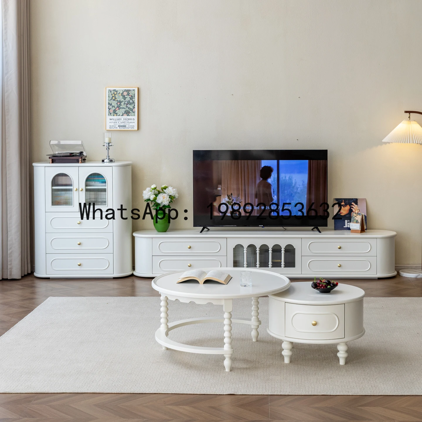 

YFY French Style Solid Wood TV Cabinet for Living Room High-End Feel, Floor-Standing American Style White Tall TV Cabinet