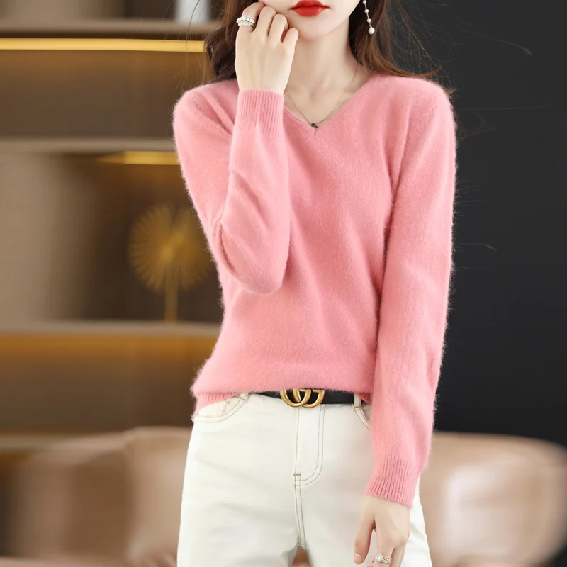 Autumn and Winter New Women's Sweater 100% Mink Cashmere Women's V-neck Pullover Casual Knitting Basic Fashion Large Top