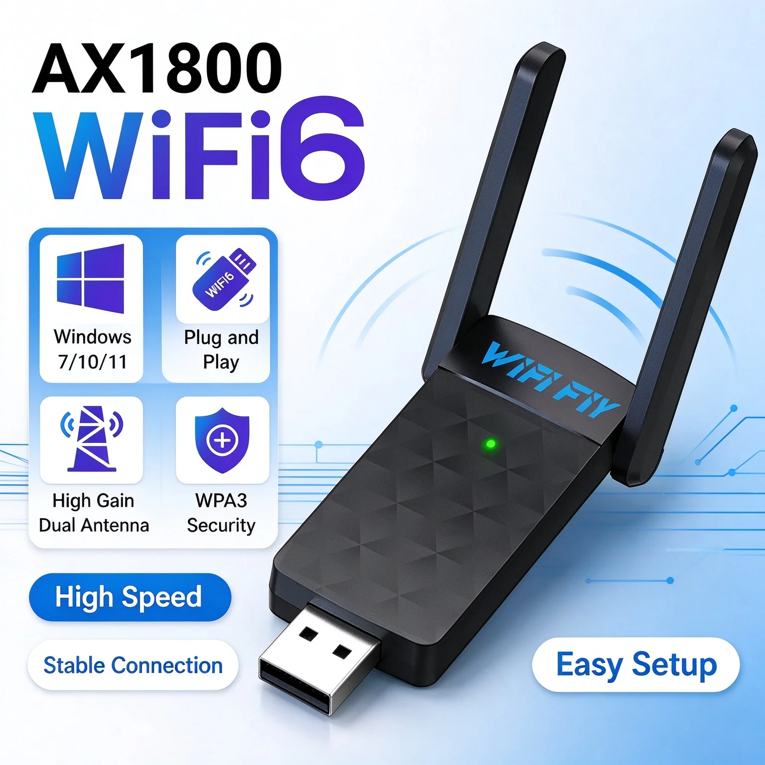 AX1800 WiFi6 USB Adapter 1800Mbps 2.4G+5.8G USB3.0 WiFi Dongle High Gain Antenna Plug and Play For Windows