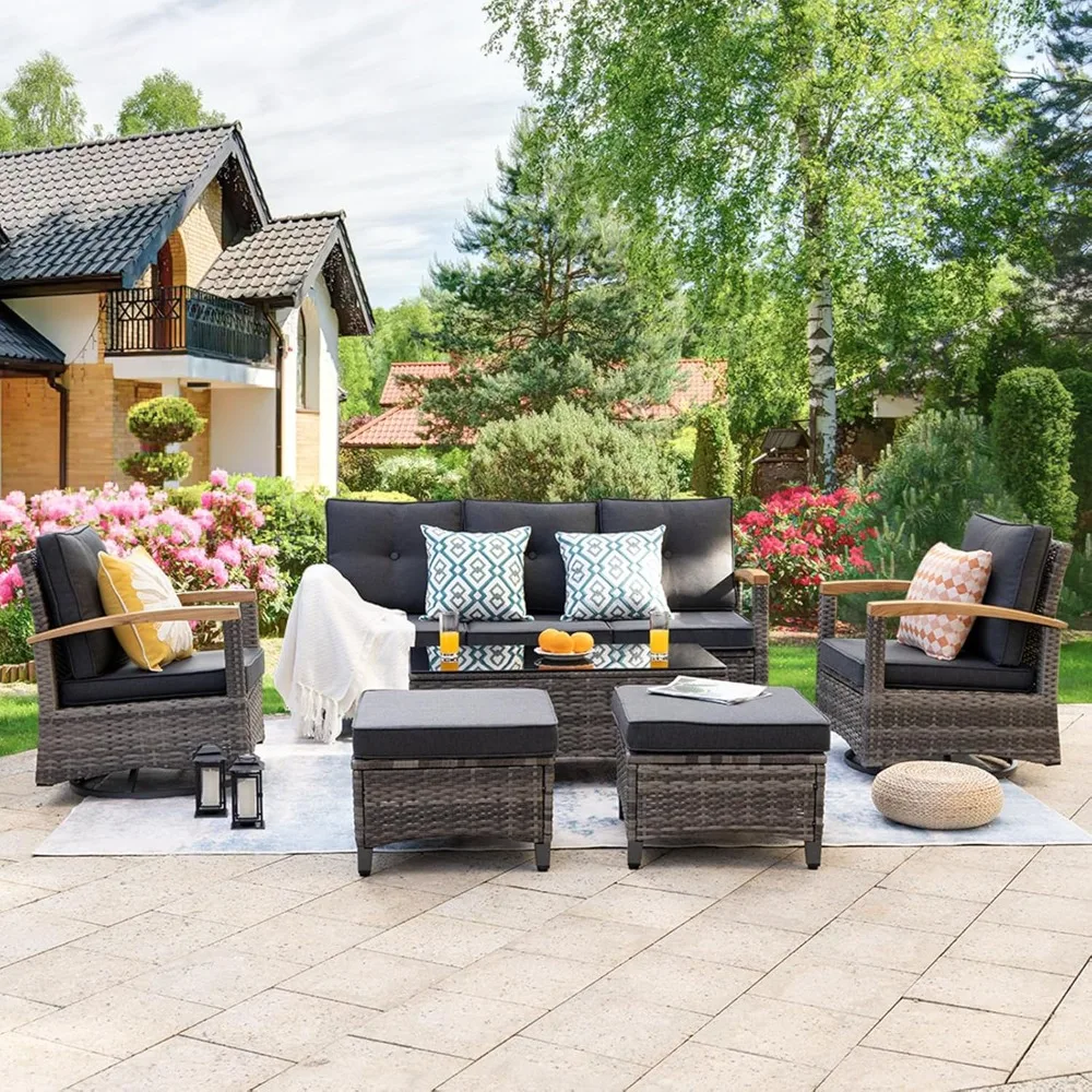 

Outdoor Rattan Furniture Set, 6 Pieces, Including 2 Swivel Chairs with Wooden Armrests, 3 Sofas and A Coffee Table