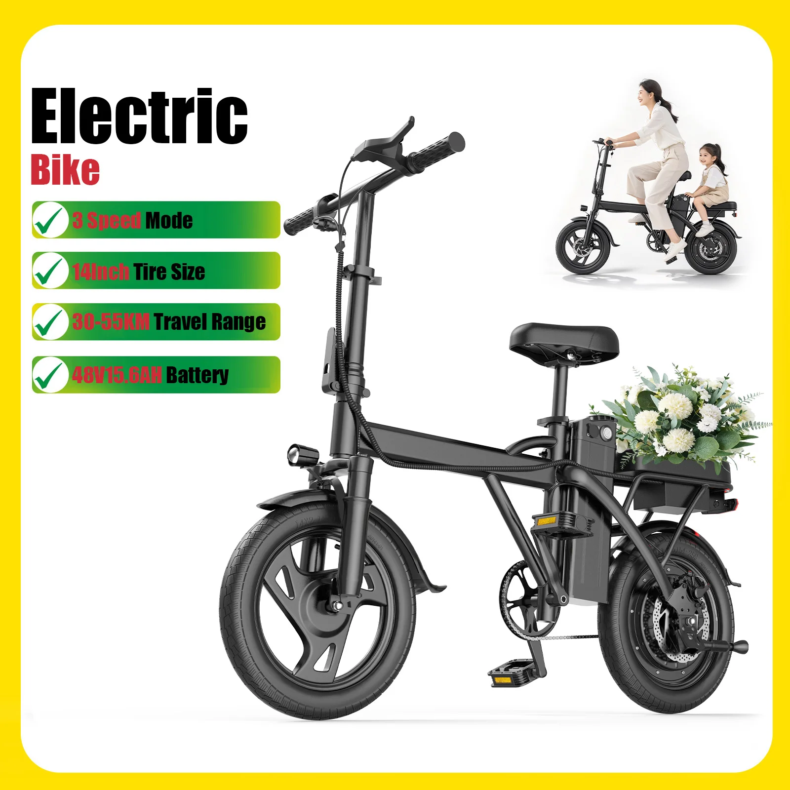 NIEUW 2026 AOVOPRO 48V15.6AH Elektrische Fiets 30-55KM Ultralange Afstand Off-Road Elektrische Fiets voor Volwassenen 14 Inch Bandenmaat 3 Snelheidsmodi E-bike