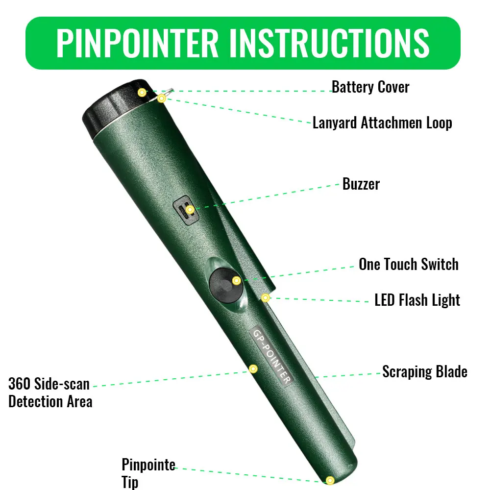 แบบพกพาคุณภาพสูงเครื่องตรวจจับโลหะแบบใช้มือถือ GP-pointer กันน้ําตําแหน่ง Rod ตรวจจับสร้อยข้อมือไฟ LED