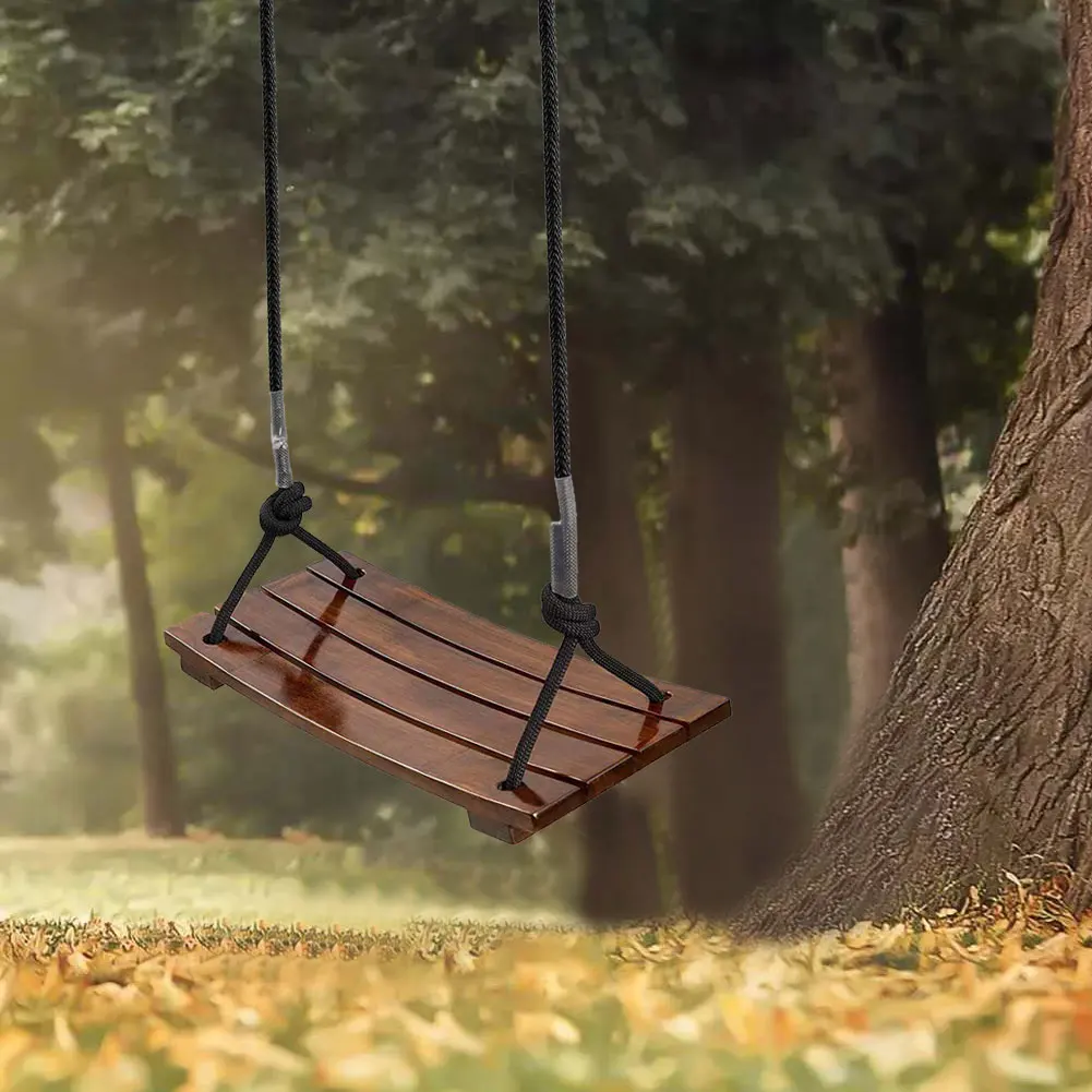 Solid Wood Swing Wooden Swing Seat Adjustable Rope Length Curved Swing Outdoor Rope Swing for Garden Patio Yard