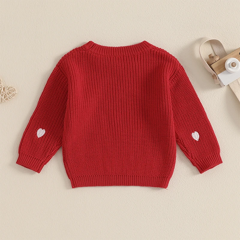 Girls Long Sleeve Crew Neck Knit Sweater with Embroidered Heart Detail Cozy Winter Pullover for Valentine s Day Gift