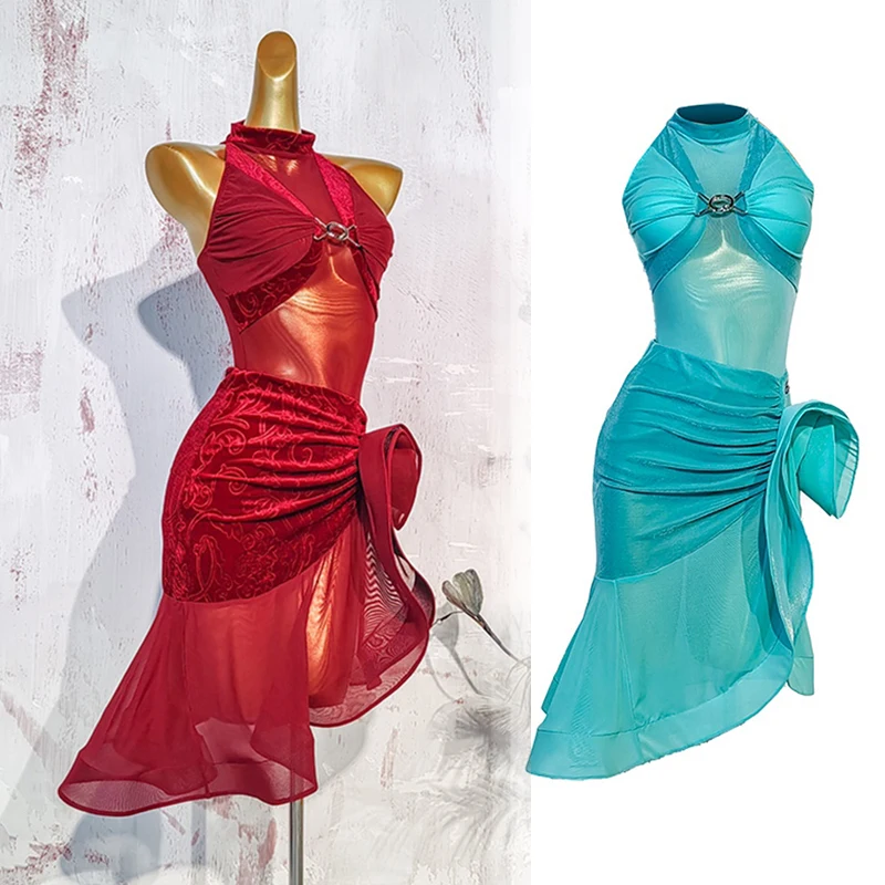 

2025 New Latin Dress Women Tango Standard Dance Costume Sleeveless Leotard Red Mesh Skirt Lady Dance Performance Outfit VDL3987