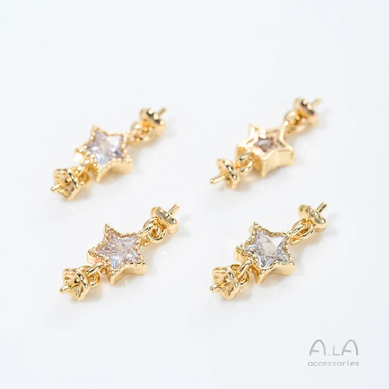 Strong Color 14K Gold-coated Zircon Pentagram Double-headed Bead Holder Connector DIY Handmade Sticky Pearl Jewelry Accessories