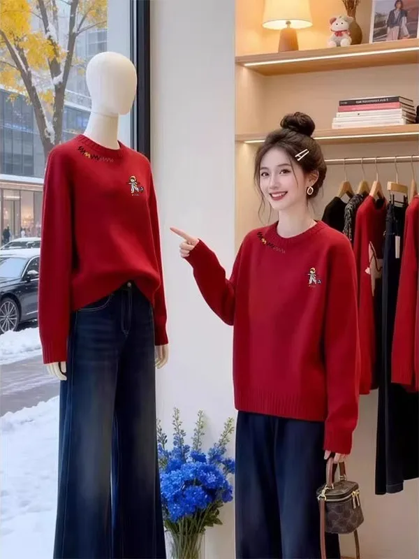 

Красный свободный свитер с круглым вырезом для женщин, повседневная внутренняя одежда, из полиэфирного волокна, удлиненный, стандартной длины, осенне-зимний топ